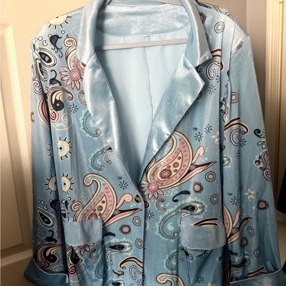 Light Blue Paisley Satin Blazer Jacket - Women